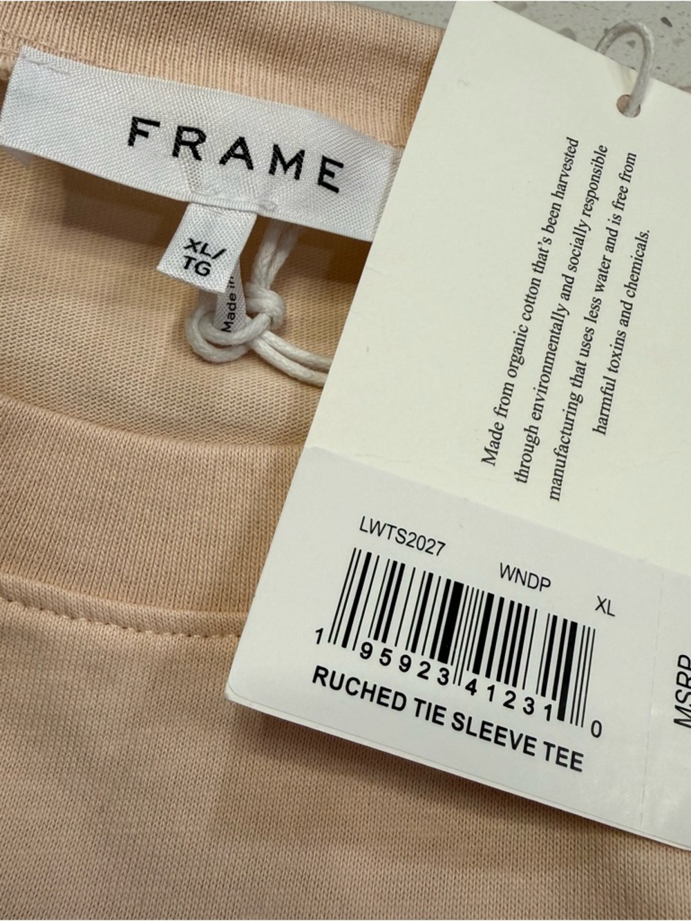 FRAME Ruched Tie Sleeve Tee Blush Pink Puff Sleeve Top XL NWT - Picture 5 of 13